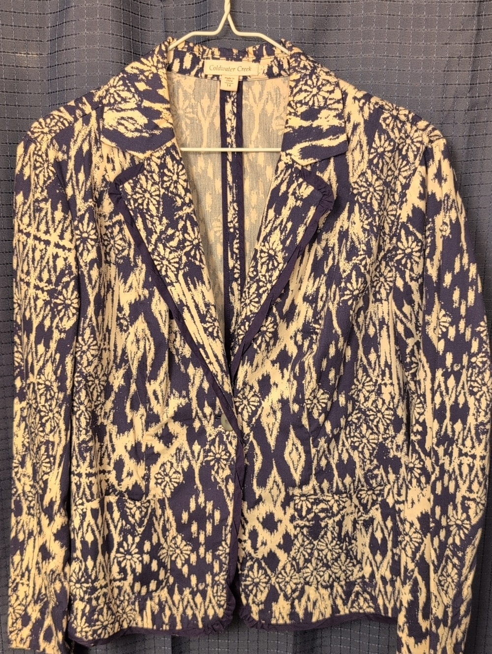 Coldwater Creek Cream & Navy Patterned Blazer Jacket sz 14